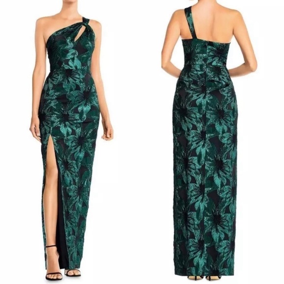Aidan Mattox- a Metallic Jacquard Green and Black One Shoulder Gown Dress - Picture 1 of 10